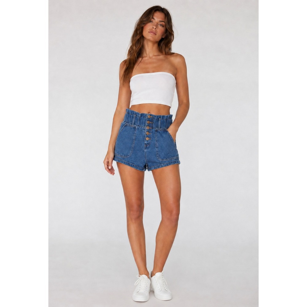 Honey Punch Paperbag High Waist Shorts Womens Medium Blue Cotton Button Fly
